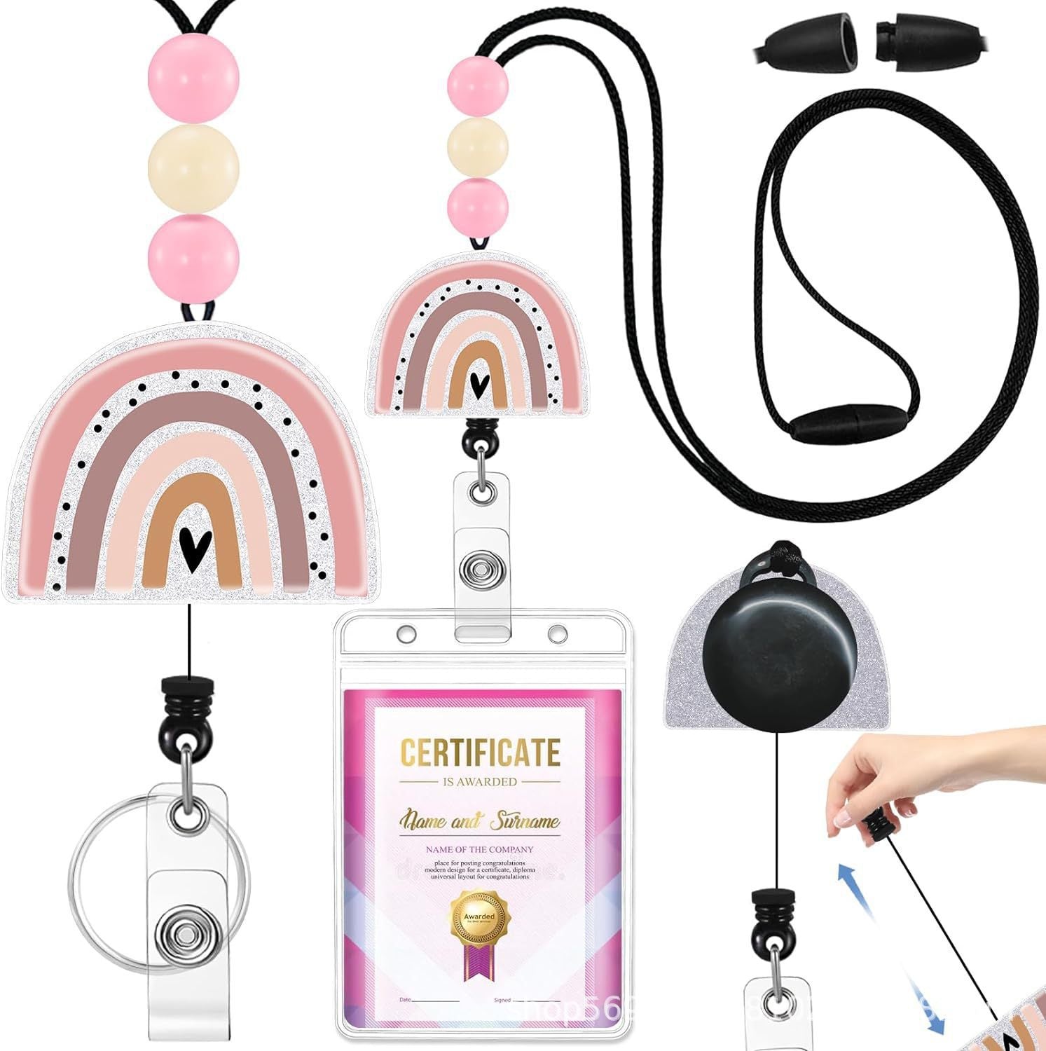 Wholesale Badge Reels Cow Leopard Print West Highland Cow Rainbow Sunflower Card Holder Silicone Beaded Lanyard Retractable Keychain